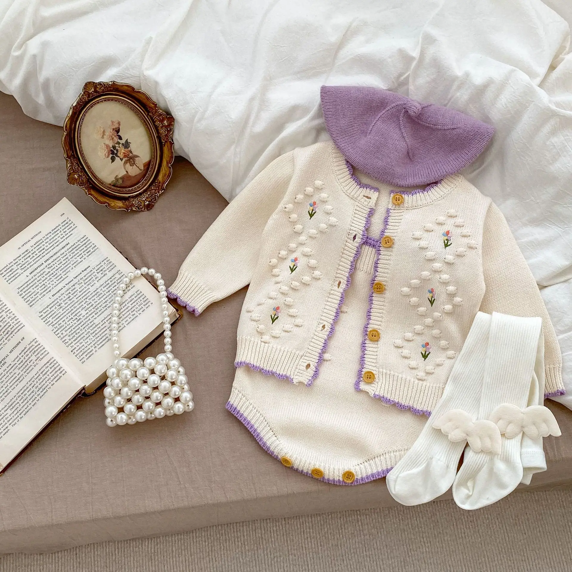 

Newborn Baby Girls Clothing Autumn Kids Flower Embroidered Knit Cardigan Coat Infant Cotton Sling Bodysuit Toddler Sweater Sets