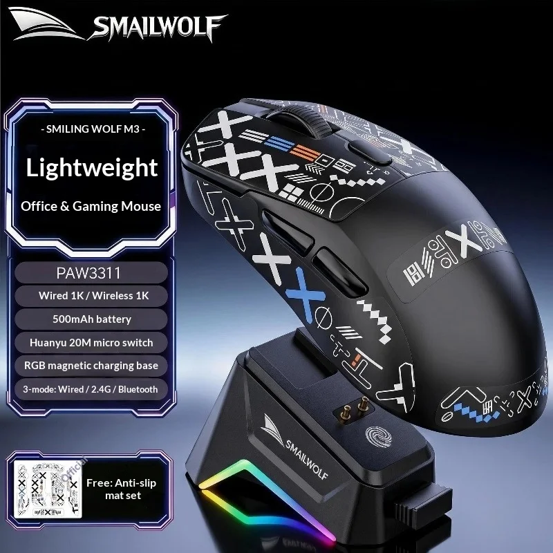 SMAILWOLF M3 블루투스 e스포츠 마우스 PC 게임 및 사무용 경량 PAW3311 12000 DPI