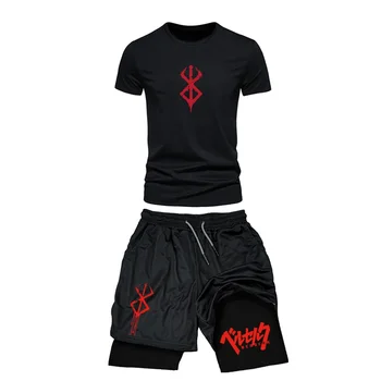 T-shirt sportiva da palestra estiva/pantaloncini T-shirt stampata anime Compressione 2-in1 Pantaloncini a due piani Allenamento Corsa Jogging Streetwear