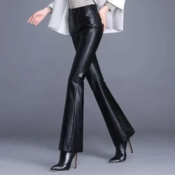 Women Leather Pants High Waist Flared Pants Slim Fit Side Pockets Solid Color Casual Party Fall Trousers Spring Autumn T627