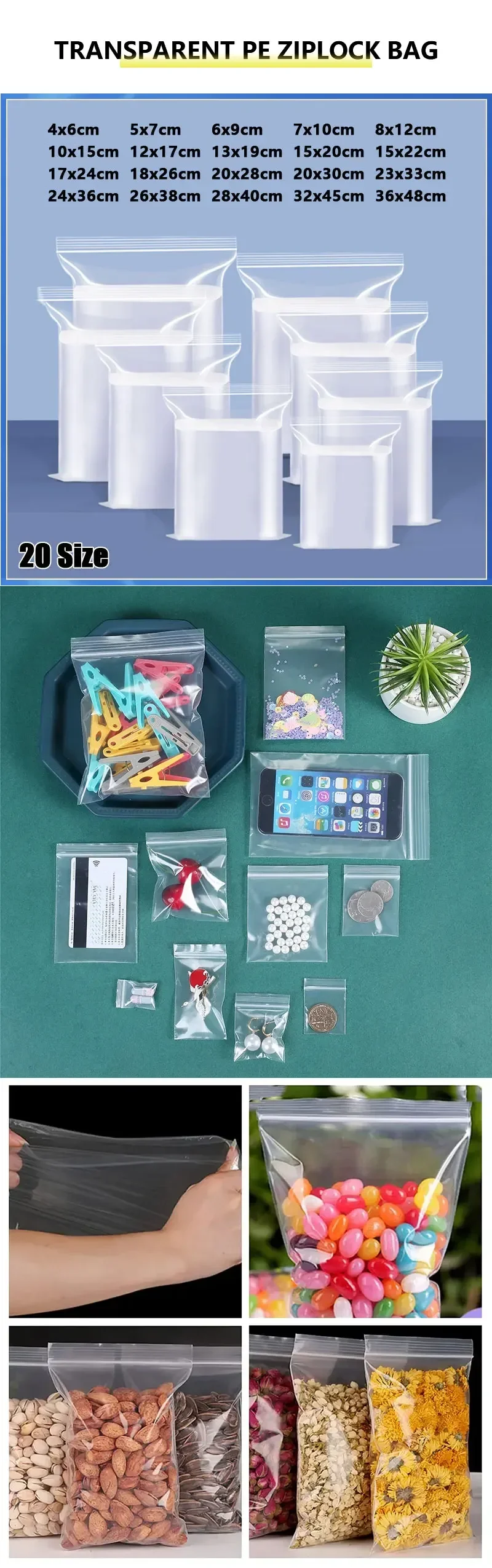 100 Stück verdickte, mit Reißverschluss versiegelte Beutel, durchsichtige Kunststoff-Aufbewahrungsbeutel für kleine Schmuck- und Lebensmittelverpackungen, wiederverschließbare Druckverschlussbeutel – Detail 1