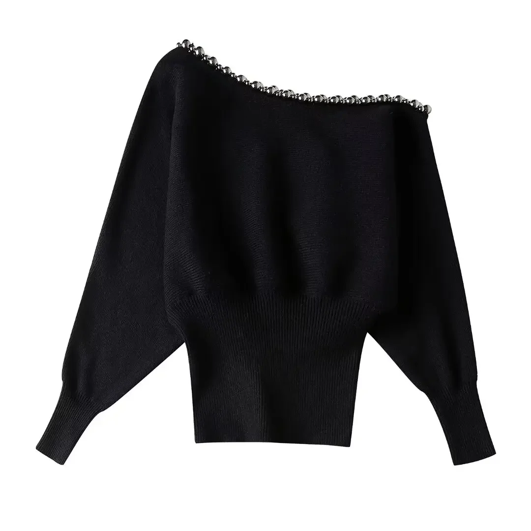 

Women New Fashion Metal bead ball decoration Elastic hem Casual Knitted Sweater Vintage Long Sleeve Female Pullovers Chic Tops
