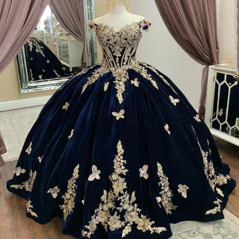 

Luxury Navy Blue Quinceanera Dress 2024 Ball Gown Gold Applique Sweet 16 15 Girls Party Pageant Wear Vestido 14 Anos Prom Dress