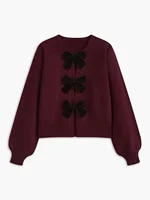 Autumn Winter Sweet Cute Coquette Women Wine Red Sweaters Cardigan Loose lantern Sleeve Bow Knitted Fashion Female Outerwears