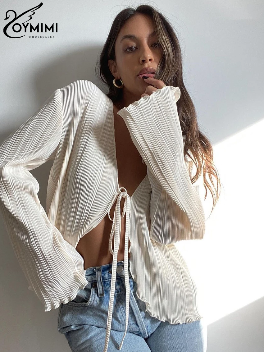 

Oymimi Sexy Beige Pleated Woman Blouses 2023 Fashion Loose V-Neck Long Sleeve Shirts And Blouses Elegant Lace-Up Tops Female