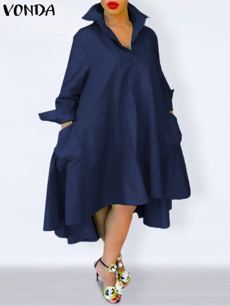 

Women Sundress VONDA 2024 Fashion Elegant Party Midi Dress Long Sleeve Solid Color Loose Casual Button Up Long Shirt Robe Femme