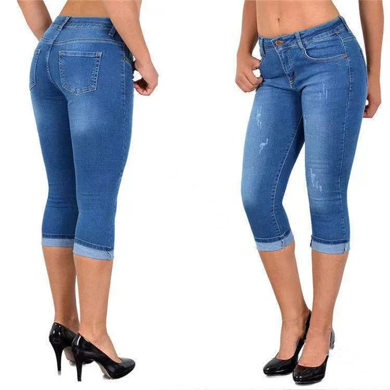 

323 new women summer ripped elastic calf length jeans fashion slim denim pants lead casual female slim jeans S-3XL