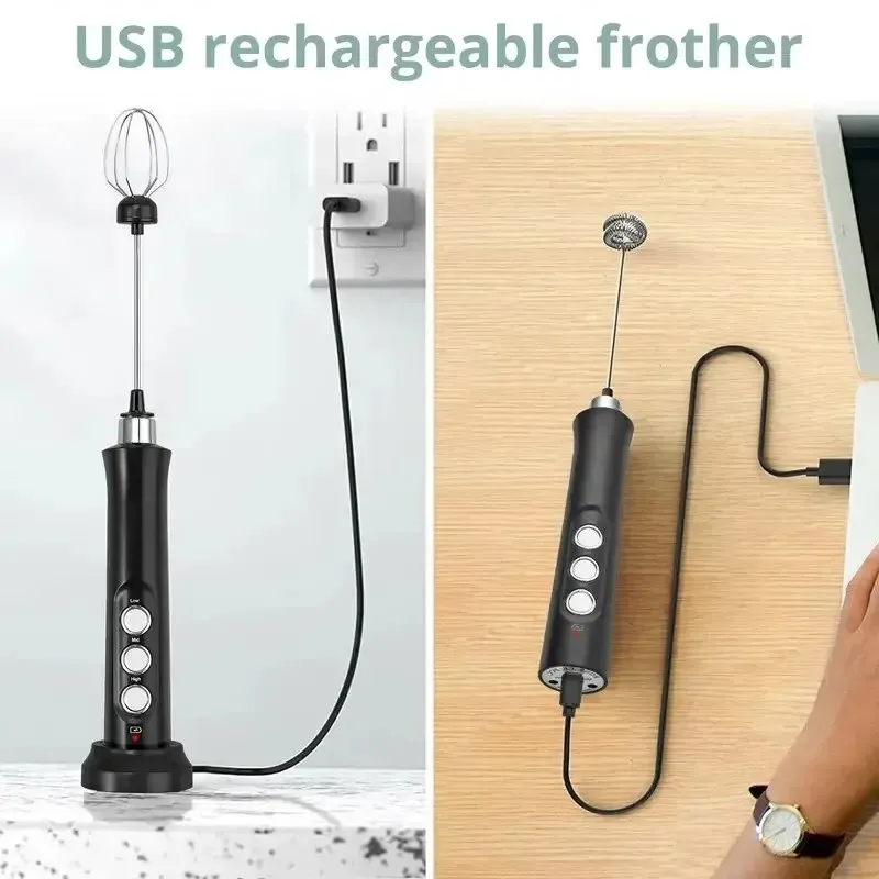 3 In 1 Electric Milk Frother Rechargeable Milk Foam Maker Handheld Foamer High Speeds Milk Frother Drink Mixer Coffee 6