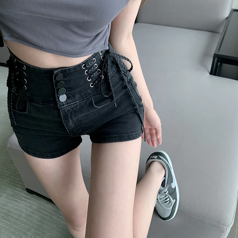 Sexy Women Denim Shorts Slim Fit Spring Summer Back Hollow Out High Wiast Female Bandage Jeans Shorts Botton Hot Short Jb90 running shorts