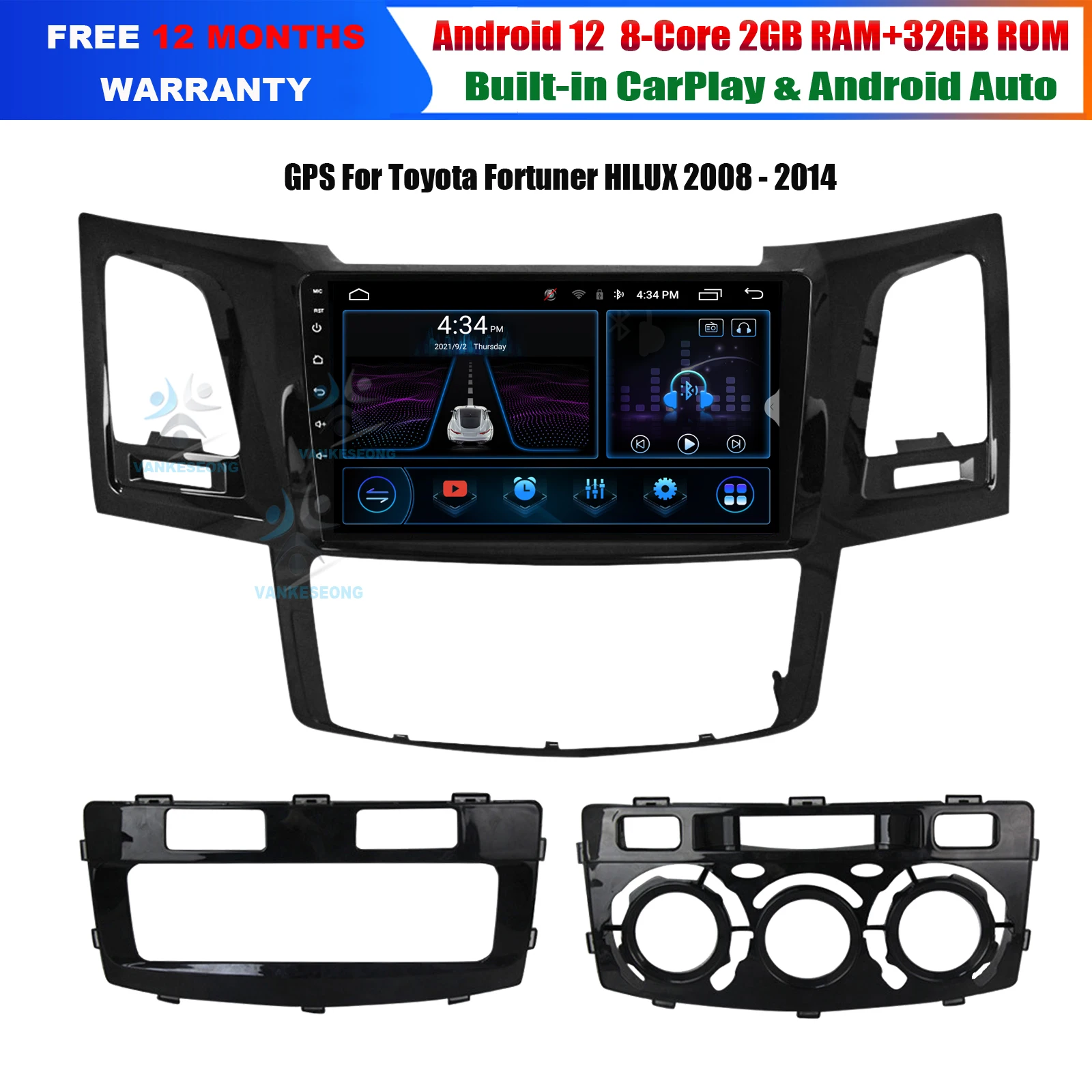 

9" Android 12 CarPlay Android Auto Car Multimedia Stereo Player For Toyota Fortuner Hilux 2008-2014 Head Unit GPS Radio Sat Navi