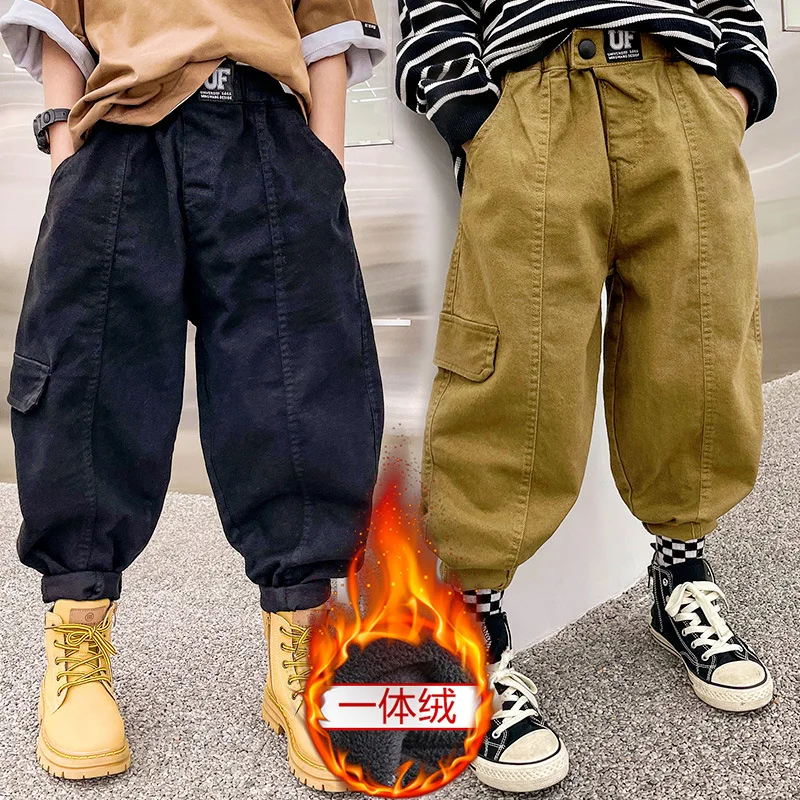 

Warm Cargo Pants Casual Teen Boys Warm Trousers Children Elastic Waist Wool Jeans Pants Winter Boys' Velvet Pants Thick Warm