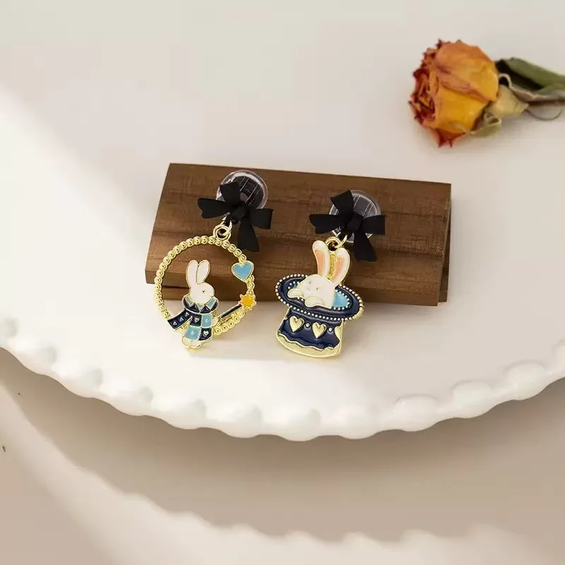 Cartoon Rabbit Bow Stud Earrings for Women Girls Cute Asymmetric Enamel Earring Jewelry Accessory Party Gifts