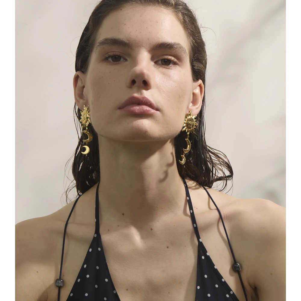 Yhpup Stainless Steel Sun Moon Dangle Earrings 18K Golden Plated