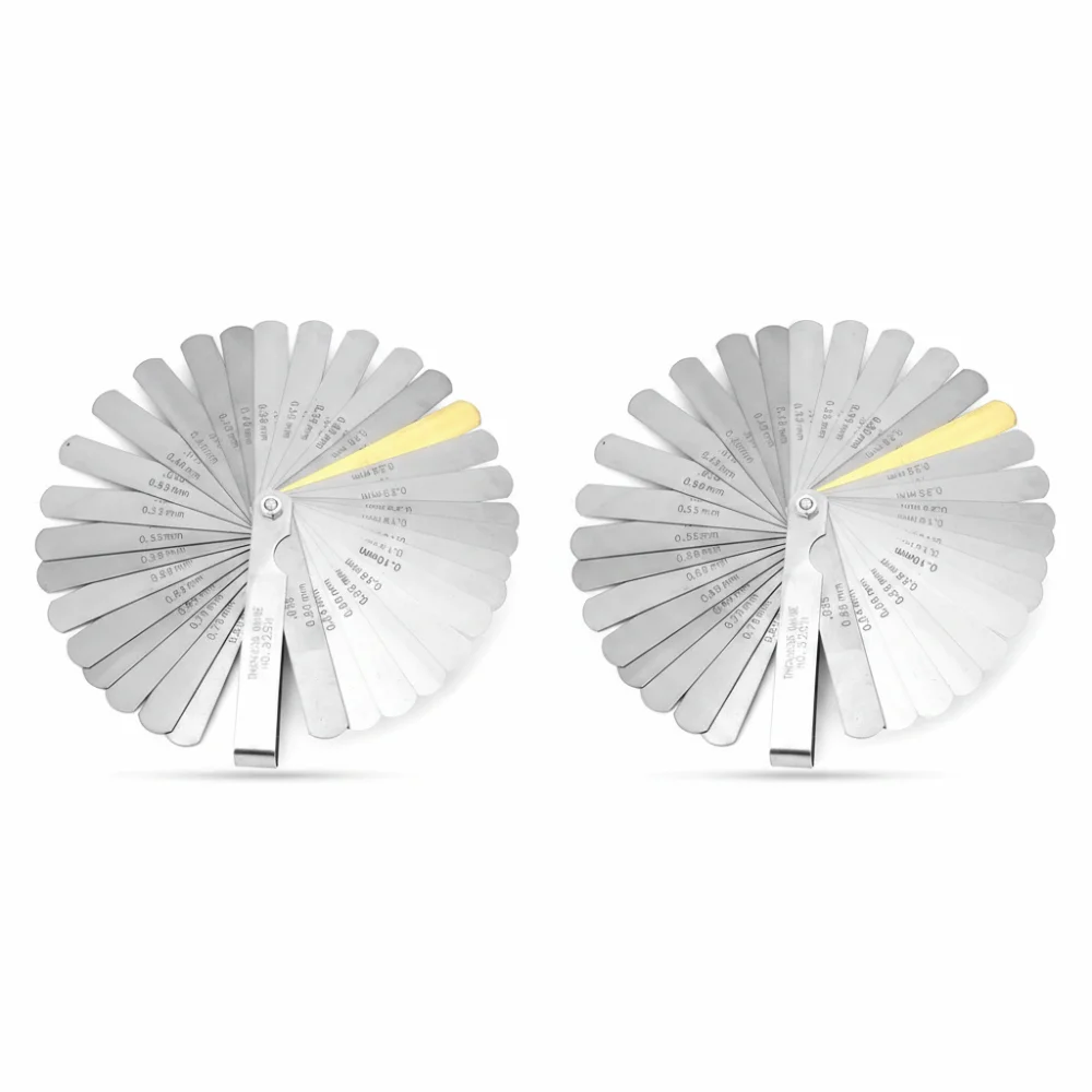 2개 세트 32날 필러 게이지 세트 미터법 0.04-0.88mm 이중 표시 밸브 두께 게이지 테이퍼형 날 스테인리스 스틸 필러 게이지