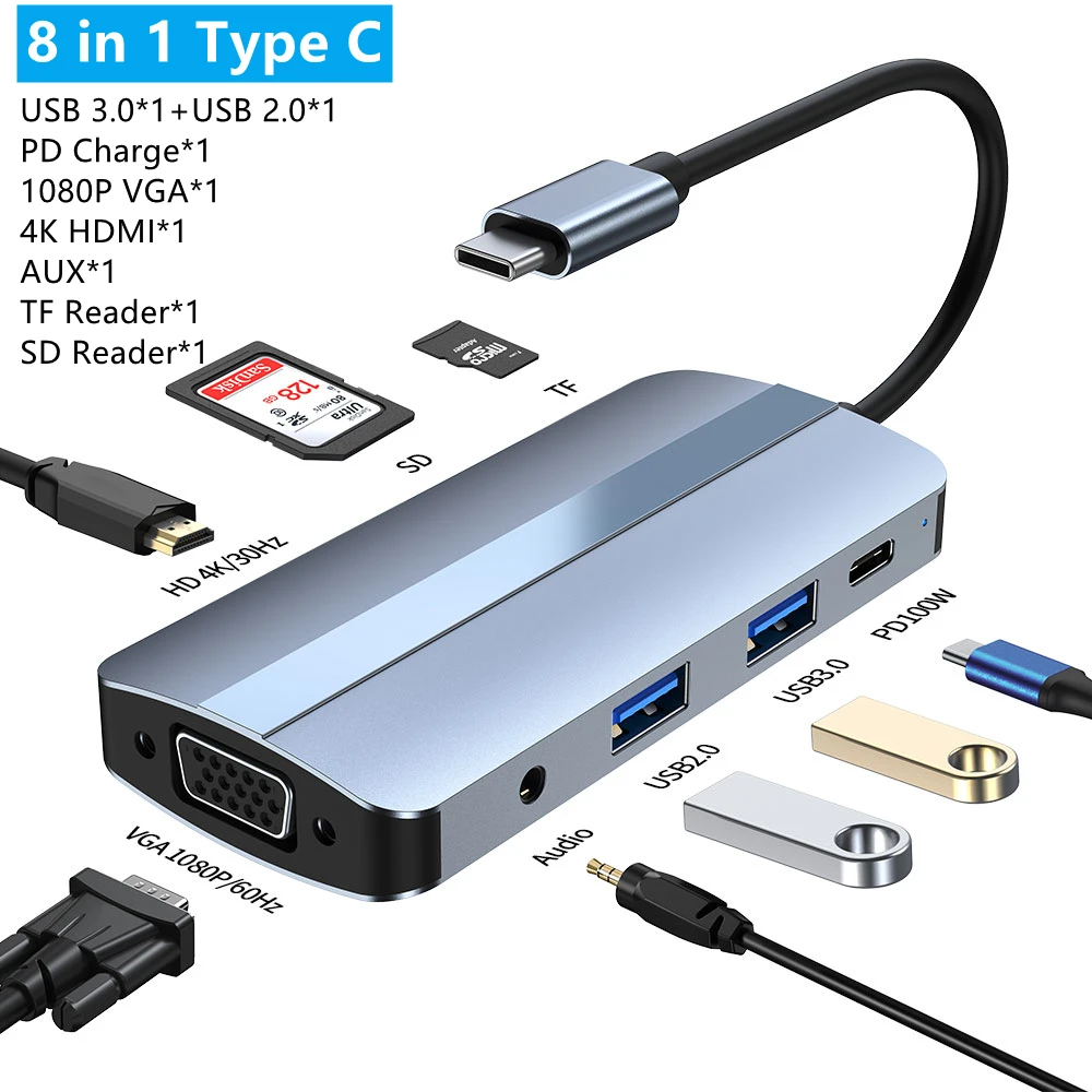 Type-c Hub Usb 3.0 Docking Station Multiport Expander With 4k Hdmi Rj45 Sd/tf Vga Hdmi For Laptop Macbook Ipad Xiaomi - Docking Stations & Usb Hubs - AliExpress