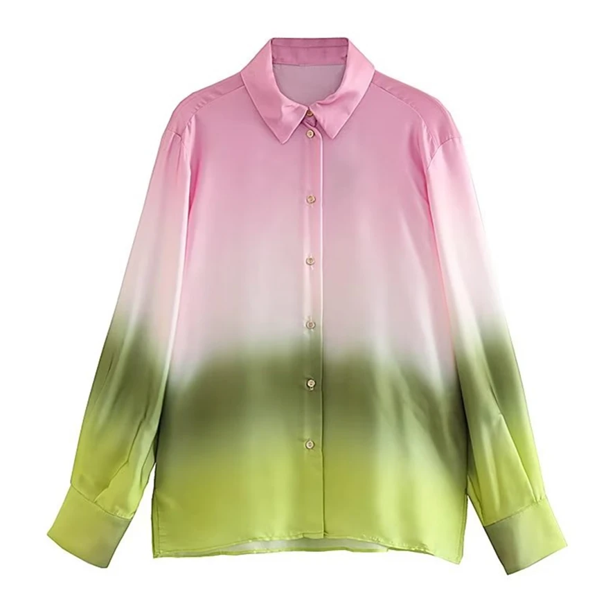 

Withered England Office Lady Satin Ladies New Shirt Fashion Gradient Print Casual Tops Blouse Women