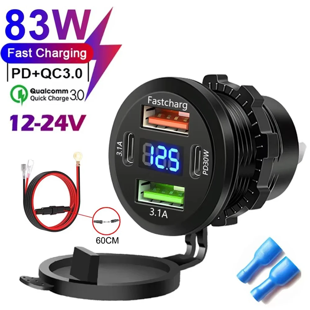 Waterproof 83W Fast Charging Car Charger Socket with Voltmeter and USB C Ports