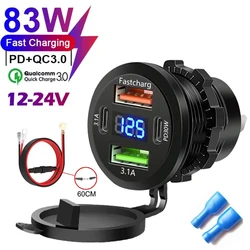Waterproof 83W Fast Charging Car Charger Socket with Voltmeter and USB C Ports (4 Ports)