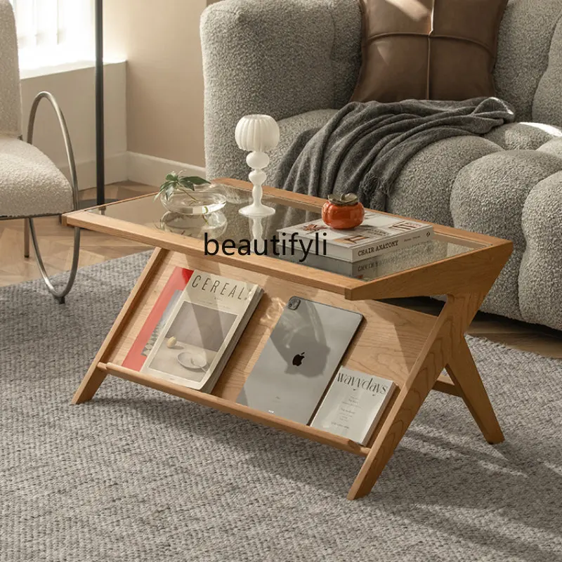 

Solid Wood Coffee Table Side Table Log Tea Table Sofa Movable Cherrywood Glass Small Table