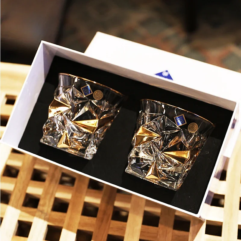 High End Bohemia Crystal Glass Gold-painted Whisky Cups Red Wine Beer Glass Wine Bottle Set Bar Dining Drinkware Water Glasses