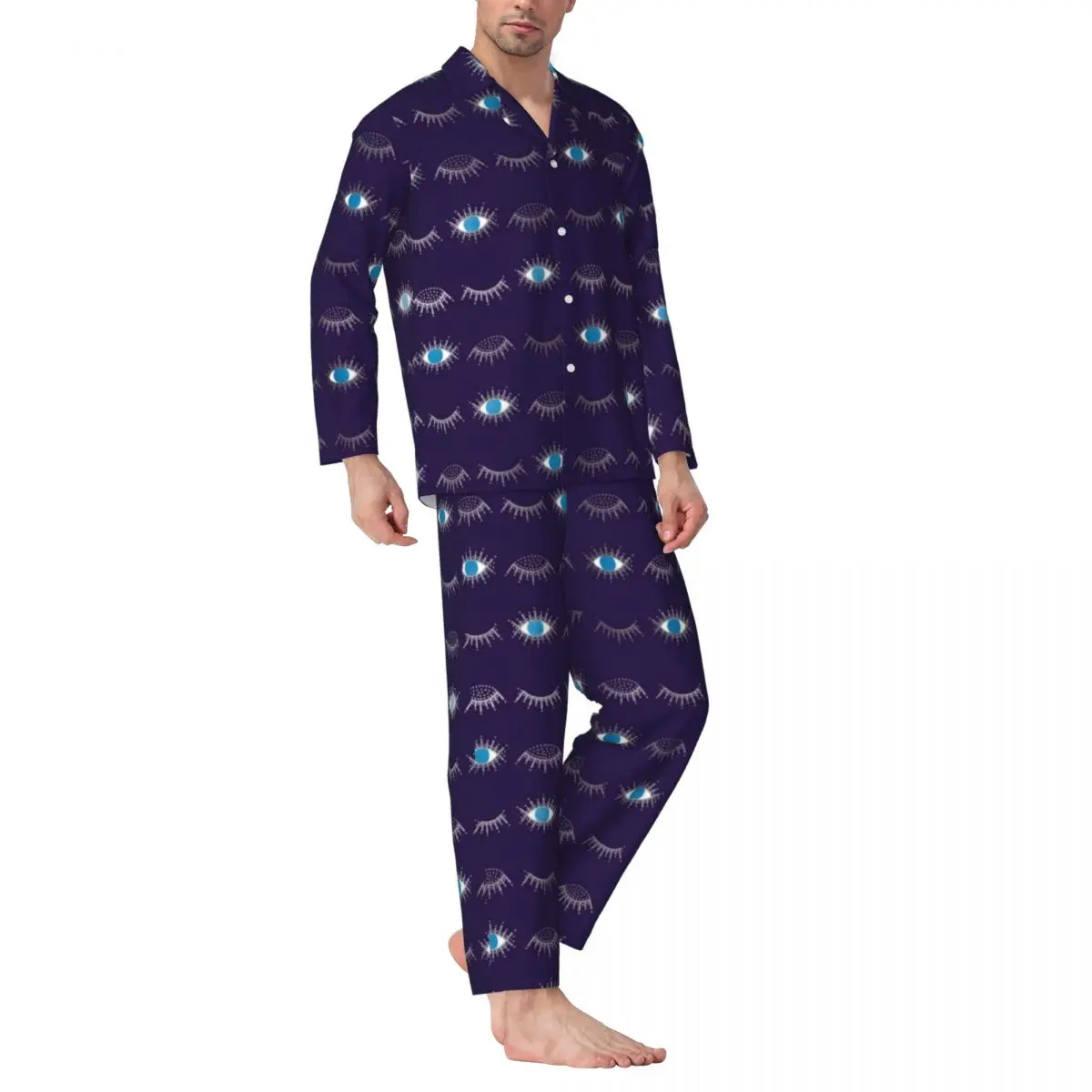 

Blue Evil Eye Sleepwear Autumn Nazar Mati Print Casual Oversized Pajama Sets Men Long-Sleeve Warm Leisure Graphic Home Suit