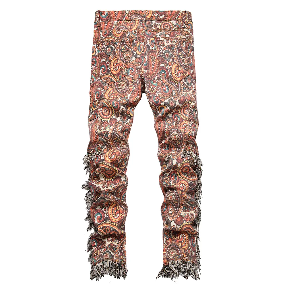 Men Bandana Print Pants Plus Size Multi Pockets Cargo Jeans Fashion Tassels Paisley Bandanna Trousers 2