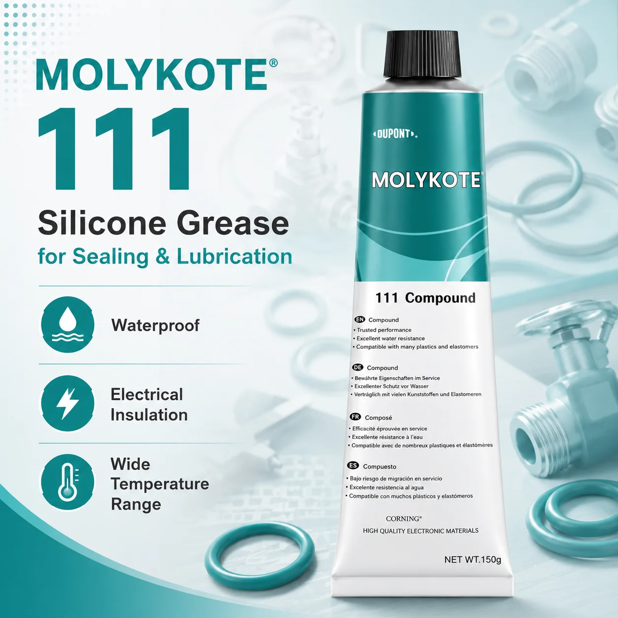 Original Molykote 111 Silikonfett Wasserdichtes Dichtmittel für O-Ringe Ventilschmiermittel 50g 150g