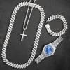 16mm Hip Hop Miami Cuban Link Chain Set Necklace +Watch+Bracelet Creative Iced Out Shiny Trendy Stylish Jewelry For Women Men