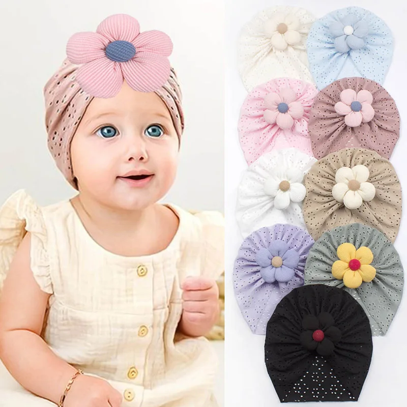 3D 꽃  터번 모자 여름 통기성 중공 인도 모자 솔리드 코튼  Headscarf Beanies 0-2Y 어린이 헤어 액세서리