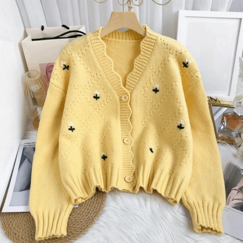 Candy Color Short Knitted Sweater Flower Embroidery Long Sleeve Women Knitted Cardigan Slim INS Korean Style Sweater Winter