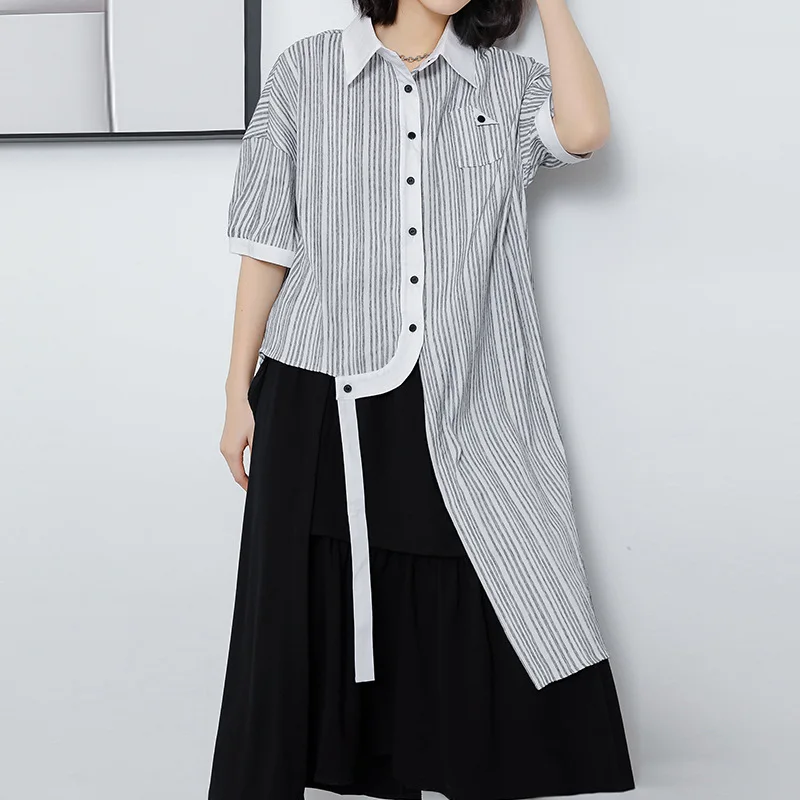 

SuperAen Vintage Asymmetric Striped Shirt Summer Stylish Short Sleeve Fashion Shirts Women Tops