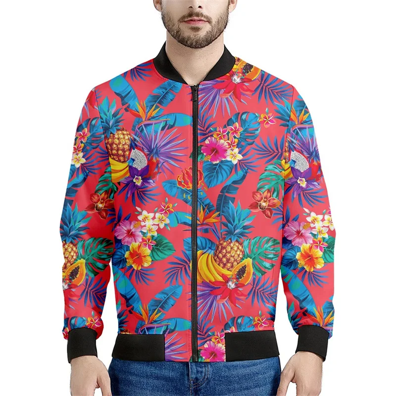 thumbnail image 1 of Chaqueta con cremallera y estampado de flores hawaianas para hombre, sudadera con estampado de plantas tropicales en 3D, sudaderas estilo bomber, abrigos de manga larga de gran tamaño, 1 of 5