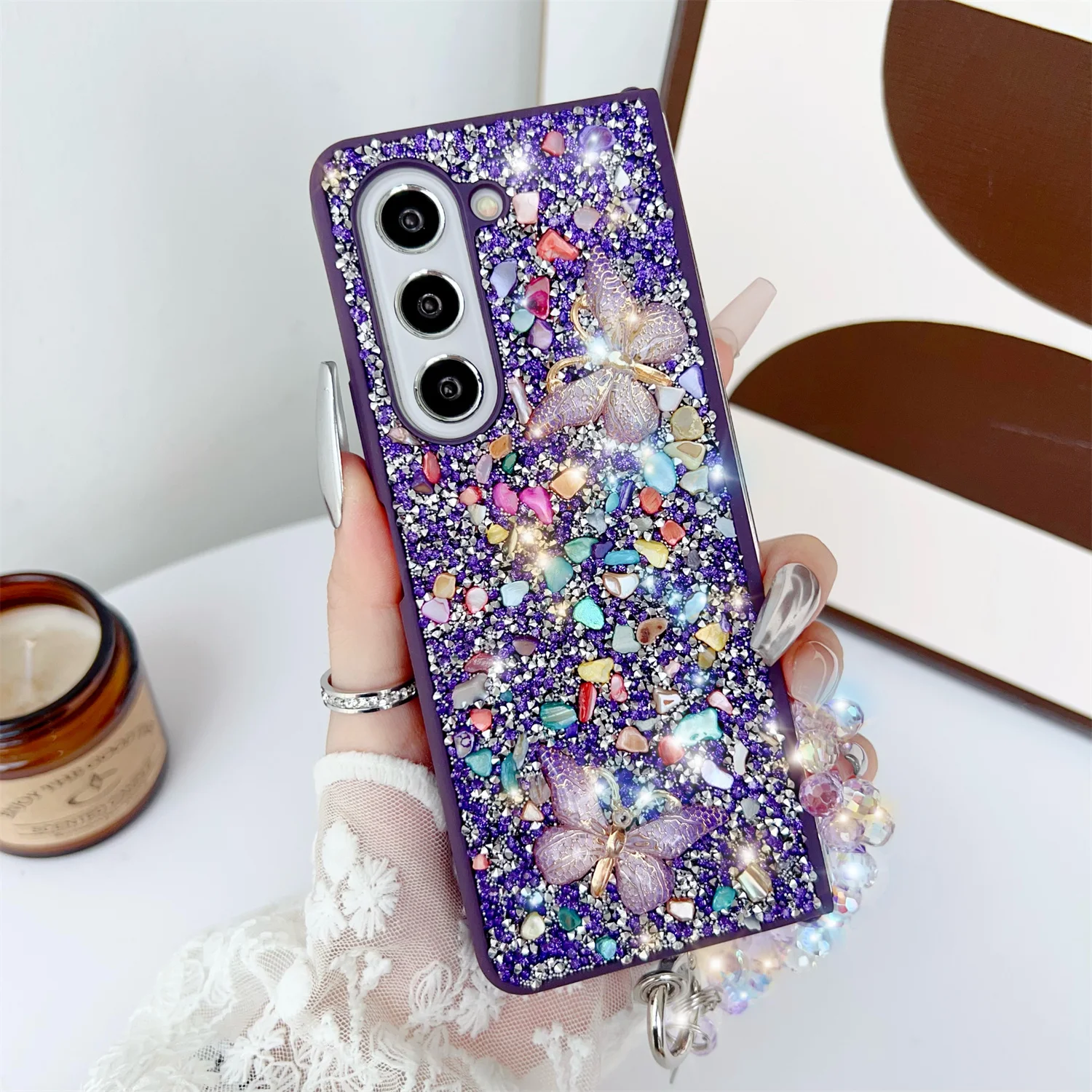 Full Diamond Glitter Shockproof Case with 3D Colorful Gem Butterfly and Strap