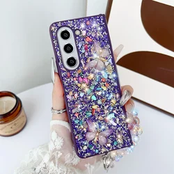 Full Diamond Glitter Shockproof Case with 3D Colorful Gem Butterfly and Strap - Galaxy Z Fold4 (Purple)