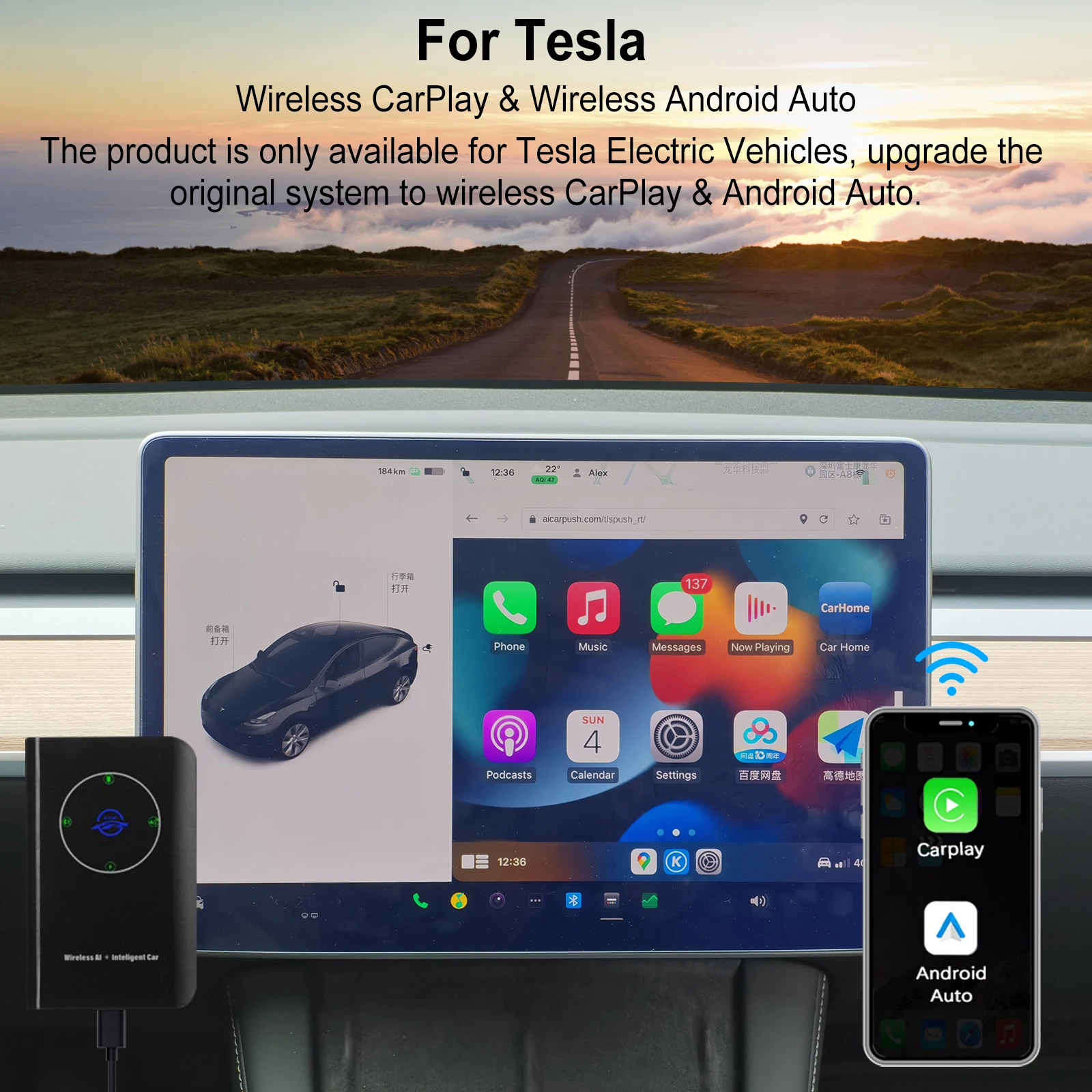 

Wireless CarPlay Adapter For Tesla Model 3 Model S X Y Apple Android Auto Car Play Wireless Box Dongle For Car Waze Spotify iOS