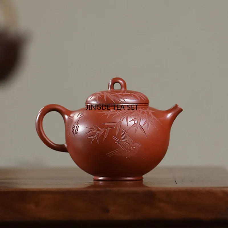 180ml Yixing purple clay teapot hand carved with bird and bamboo leaves infusion tea pot Chinese tea set