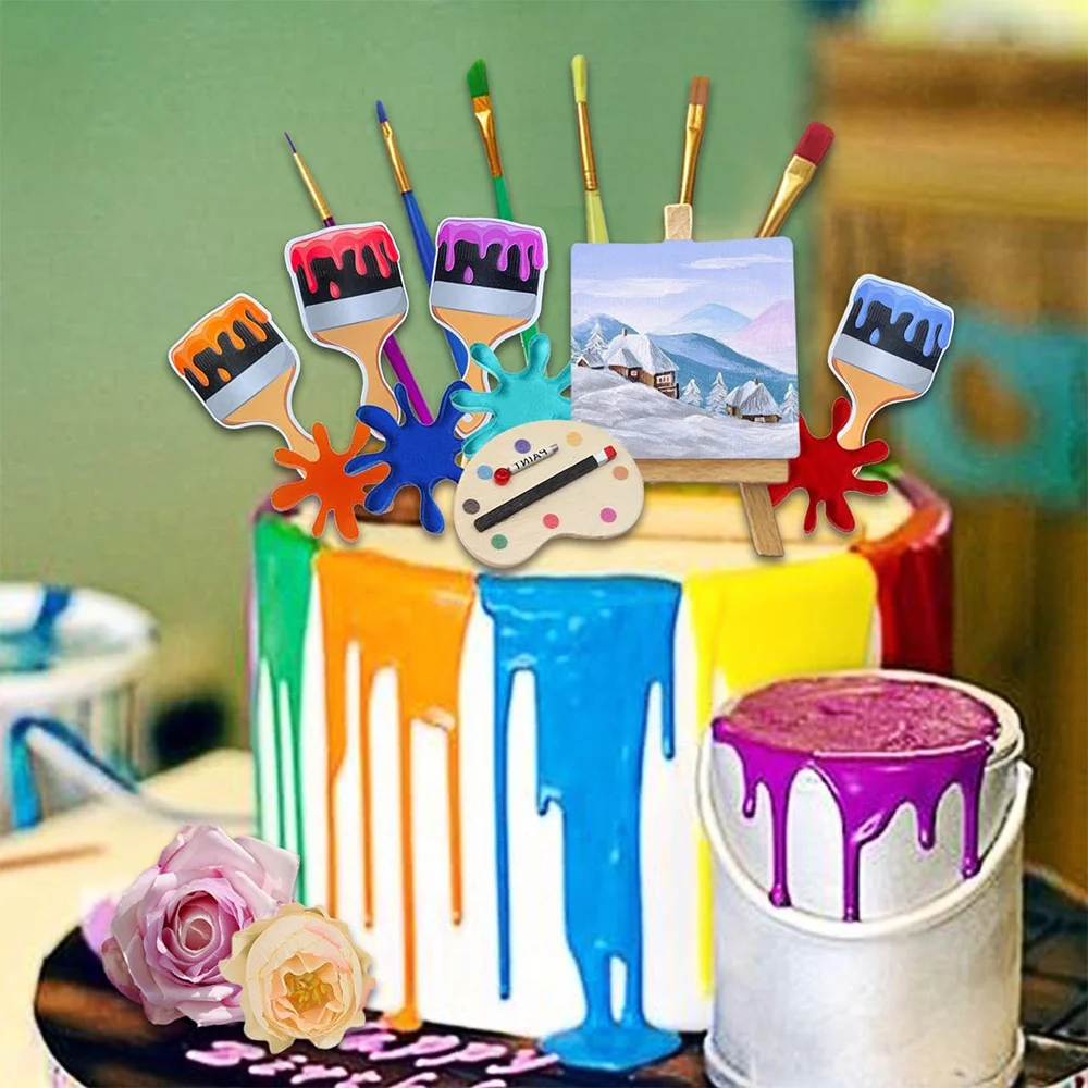 

24 Pcs Paint Party Birthday Decoration Cake, Cupcake Toppers Happy Birthday Tooth Pick for Graffiti Artist Party Supply
