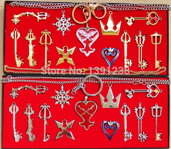 NEW 13pcs/set Kingdom Hearts II KEY BLADE Necklace Pendant + Keyblade + Keychain Weapons Set