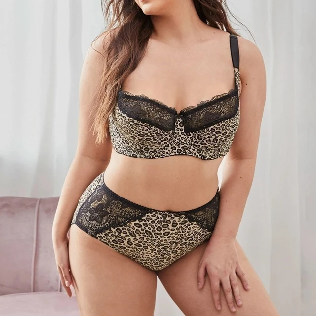 Xiushiren Women's Leopard Lace Underwear Set 36D-46G Plus Size