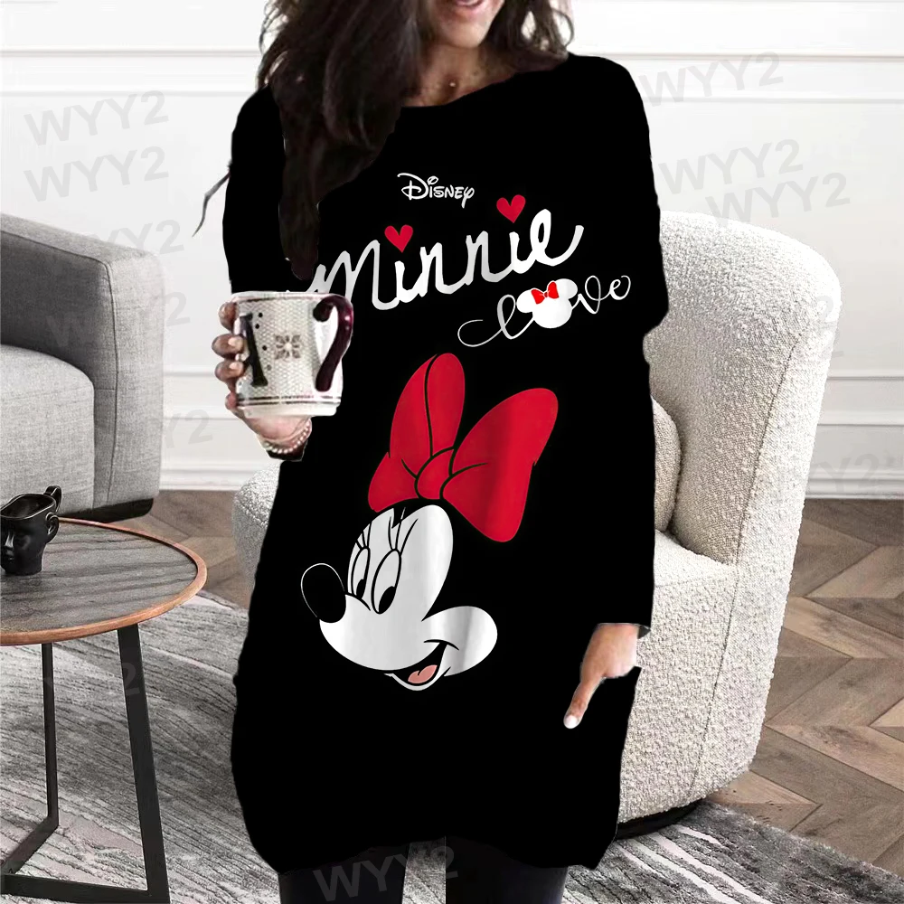 

New Disney Mickey and Minnie Print Women's Fashion Pocket Long Sleeve Shirt Spring Autumn Women's Hoodless Top Harajuku y2k