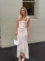 Suninheart Elegant Women 2 Piece Dress Set 2023 Maxi Wedding Guest Dress Lace Up Crop Top and Maxi Skirt Set Formal Event Dress - Image 3