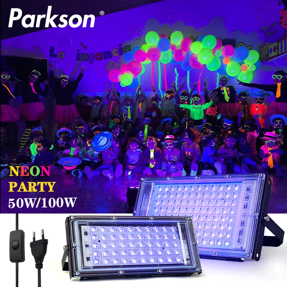 2 Projecteurs UV 100W étanches IP65 - 395nm Pour Fêtes Fluo, Body Painting, Discothèque