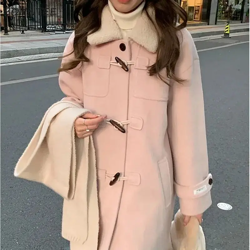 

Sweet Patchwork Blends Women Gentle Ulzzang Girlish Long Coats Aesthetic Warm Turn-down Collar Autumn Winter New Harajuku Teens