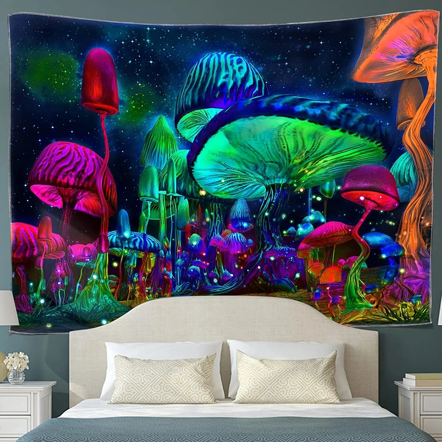 Tapestry Decorations Bedroom Mushroom Tapestry Psychedelic Tapestry Fantasy Plant Starry Night Wall Mounted Black Light Poster For Room Home