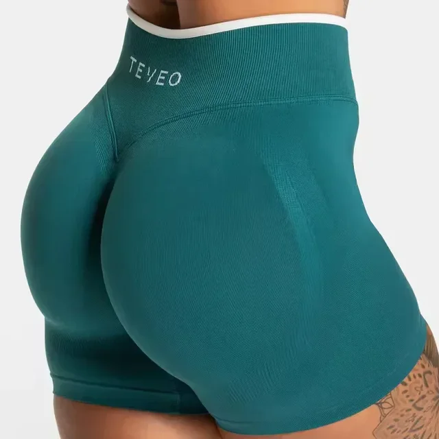 TEVEO Short de sport sans couture pour femme, blanc uni, taille haute, effet push-up, idéal pour le yoga et la course à pied