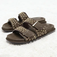 Designer Suede Belt Buckle Flat Sandals Women Fashion Rivet Street Style Soft Bottom Slippers Ladies Comfort Non Slip Beach Shoe