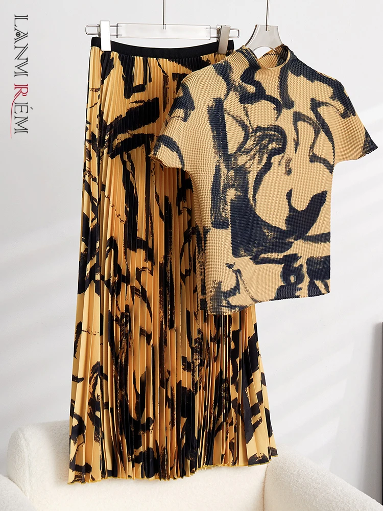 

LANMREM Thin Printed Pleated 2 Pieces Skirt Set For Women Turtleneck Short Sleeves Tops High Waist Designer Skirts 2024 2YA647