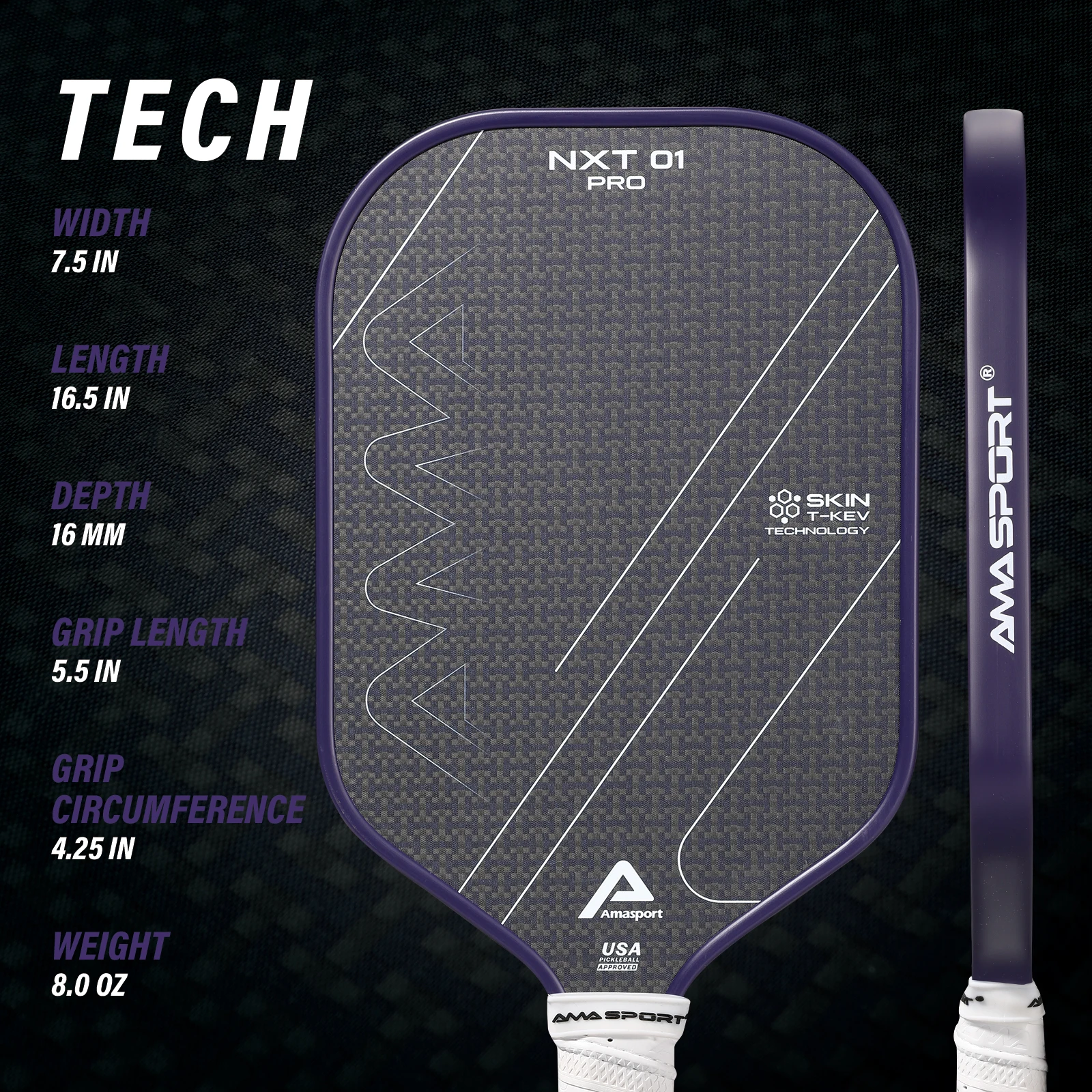 Pickleball Paddle 3K T700 Carbon Fiber with 3D T-Kevlar Texture Surface for Power & Control,16MM Thermoformed Pickleball Rackets