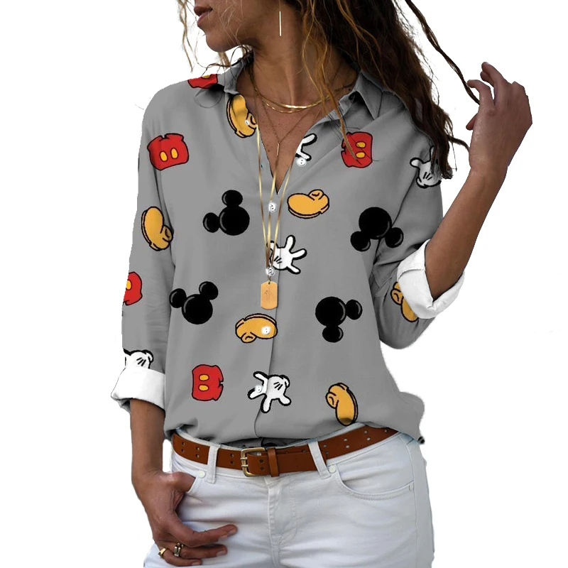 

New 2022 Disney Harajuku Slim Fit 3D Printed Women's Button Down Long Sleeve Lapel Mickey Minnie Casual Cute Shirt y2k