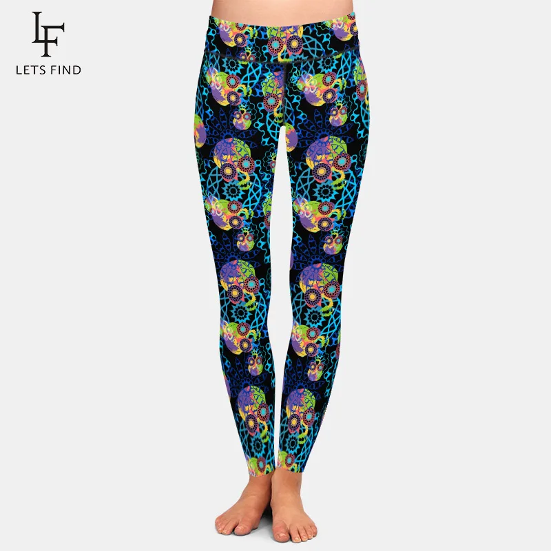 LETSFIND High Quaility 3D Skulls and Mandala Digital Printing Women Leggings Fashion High Waist Slim Fitness Legging brands women fashion legging line gradient color printing leggins sexy slim legins high waist punk leggings woman fitness pants